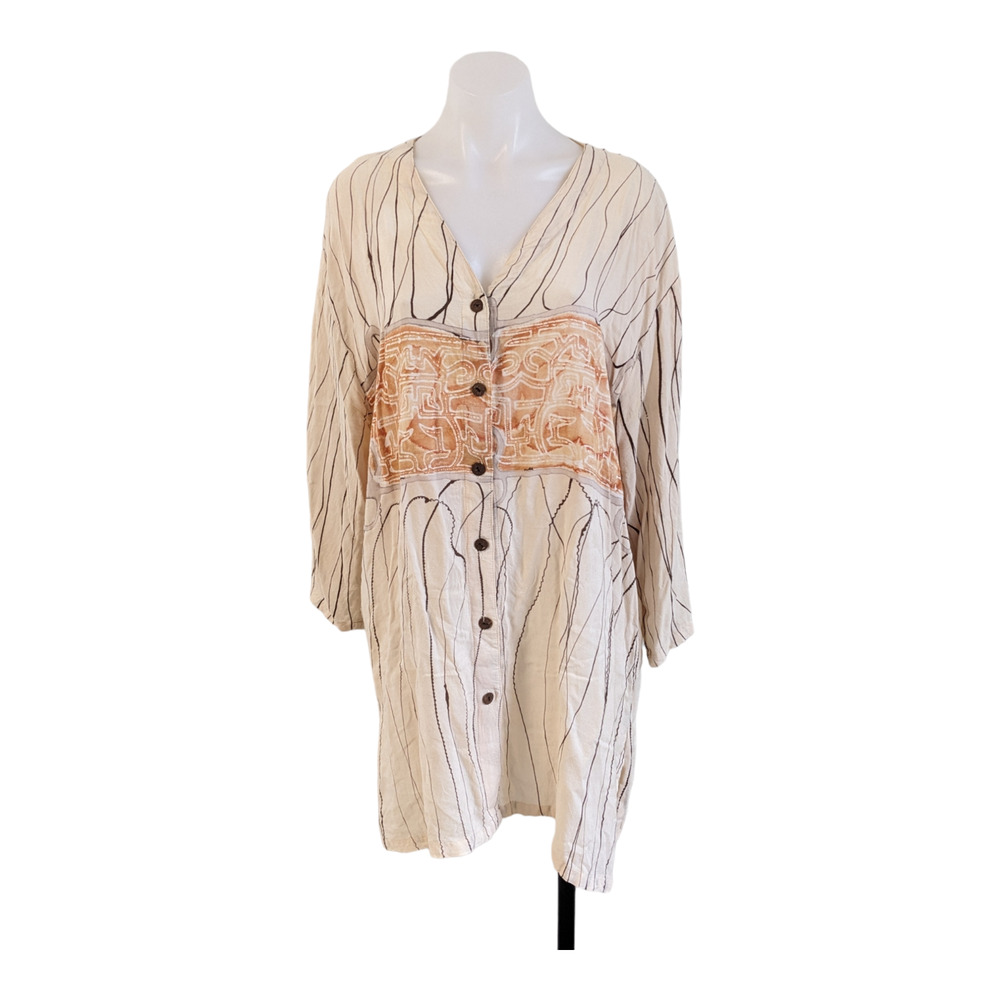 Vintage M.M.K Free Size Long Sleeves Tunic Top Beige Button Down V Neck